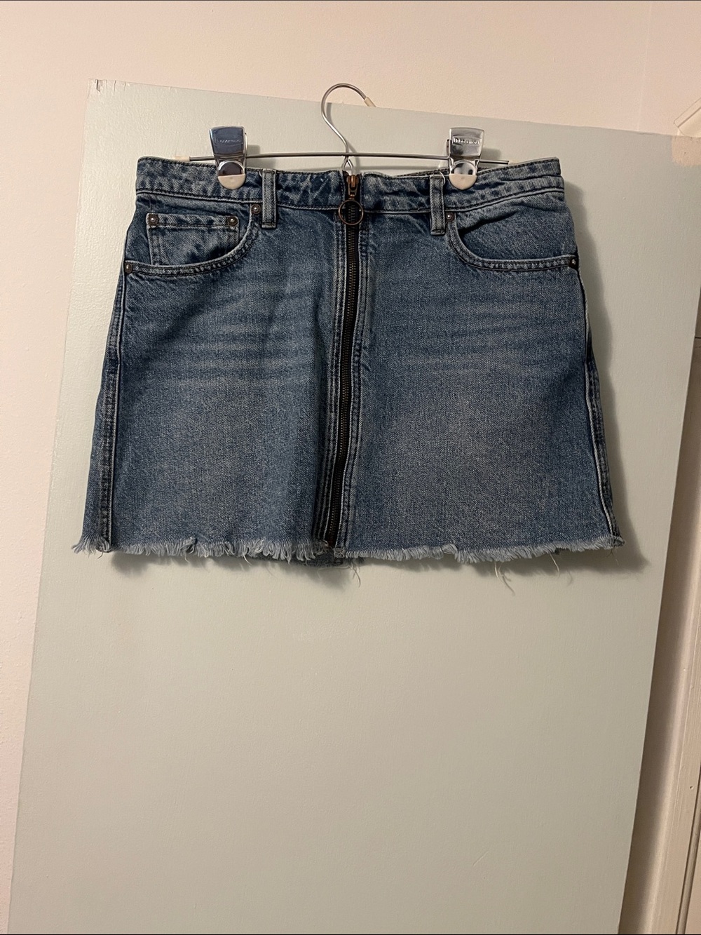 We The Free Light Blue Denim Zip-Front Mini Skirt